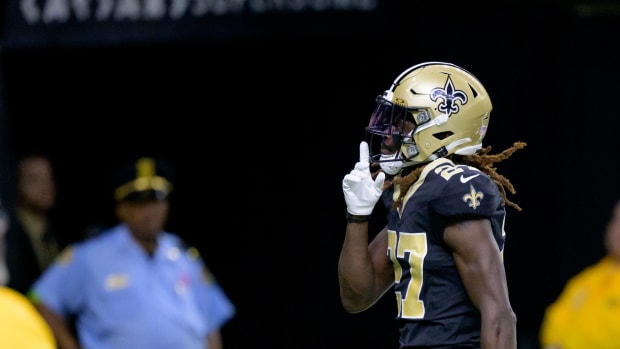 Oct 1, 2023; New Orleans, Louisiana, USA; New Orleans Saints cornerback Isaac Yiadom (27) celebrates an inception against the Tampa Bay Buccaneers during the second quarter at the Caesars Superdome. Mandatory Credit: Matthew Hinton-USA TODAY Sports